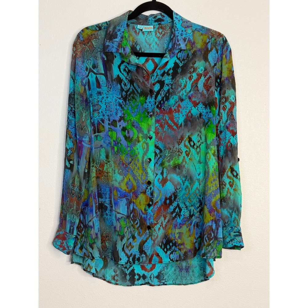 Tianello 100% Silk Abstract Ikat Roll Tab Blouse Blue Green XS